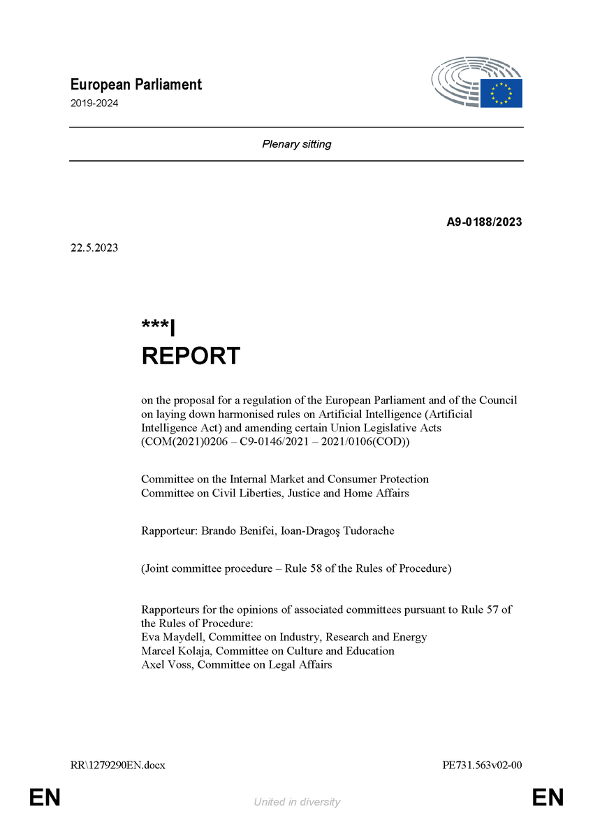 ZennerBXL's tweet photo. 🚨NEW: full #AIAct report, adopted on 11 May in joint IMCO-LIBE Committee, is finally there! Document is tabled for #JUNE plenary session. Discussion on 13 June. Vote on 14 June. Afterwards, #trilogue can start. #transparency #EU

D/L directly via https://t.co/ulE6mNm456 https://t.co/Umv0kceRmf