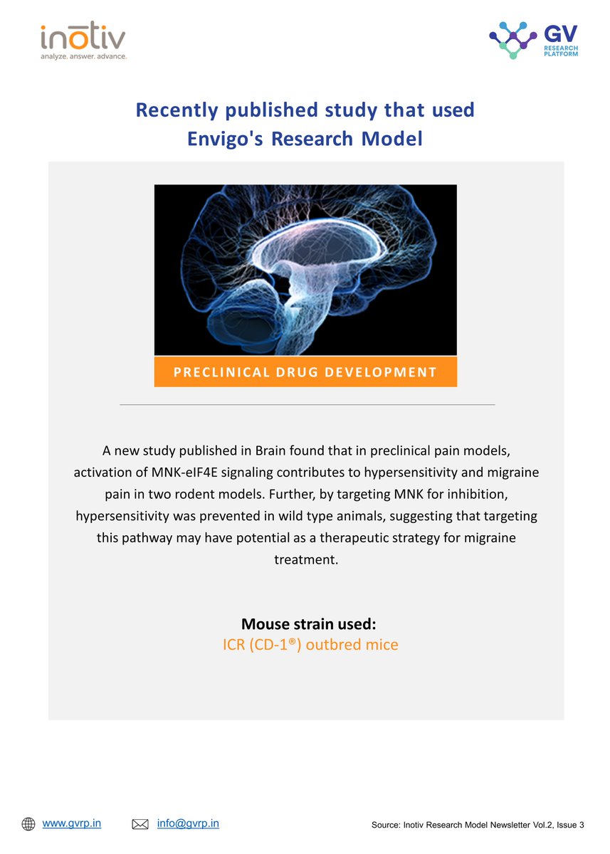 In a recent publication, @WeAreEnvigo ICR (CD-1®) outbred mice were used as #preclinical pain models to study how activation of MNK-eIF4E signaling effects hypersensitivity and migraine pain.
Reach us to know more
📨: info@gvrp.in
🌐: gvrp.in

#drugdiscovery #cro
