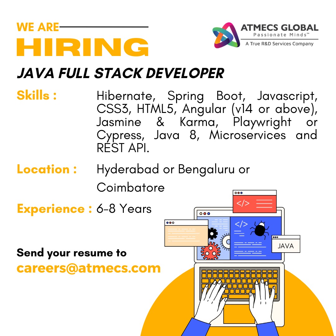 ATMECS's tweet image. We are hiring!
#javadeveloper #javadeveloperjobs #javascript #BengaluruJobs #bangalorejobs #hyderabadjobs #coimbatorejobs