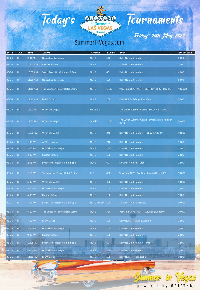 ♣️ ☀️📆 Today's Tournaments - Friday, May 26th 

♦️ All Vegas Summer Poker Tournaments – in one place: SummerInVegas.com
#SummerInVegas It's going to be a great summer ☀️