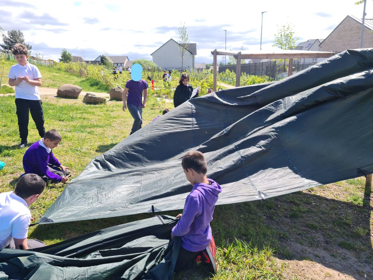 Some P4 pupils had their first go of den building using tarps and team work this week. They worked so well together and loved every minute! #outdoorlearning #skills #teamwork #communication #resilience #play