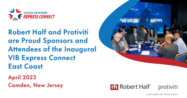 <a href="/RobertHalf/">Robert Half</a> and <a href="/Protiviti/">Protiviti</a> proudly incorporate veteran-owned businesses into our supply chain. As part of our supplier inclusion program, we sponsored <a href="/VIBNetwork/">Vets In Biz Network</a> in April held in #Camden #NewJersey to share resources. #2023VIBExpressConnect bit.ly/3WDdEuI