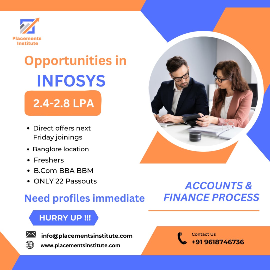 Opportunities in INFOSYS - Placements instituite
#placementsinstitute #infosys #directoffers #banglore #bcom #freshers #needprofiles #immediate #opportunities #placementseason #placementservices #freshers #getdreamjob #easily #weprovide #excellencetraining #topmnc #careergrowth