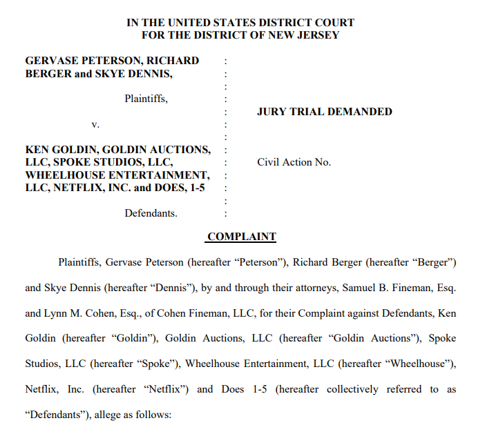 Paul_Lesko's tweet photo. New lawsuit #TheHobby! New lawsuit! NEW LAWSUIT!

And it looks to be a fun one. It's Peterson, et al. v. Ken Goldin/Goldin Auctions, Netflix, etc...and claims that Goldin/Netflix's show King of Collectibles infringes the plaintiffs' original script/screenplay for The Goldin Boys. https://t.co/ucdFdVVRpJ