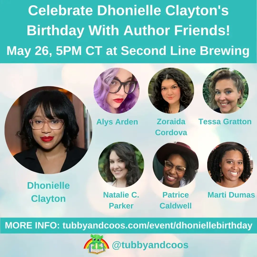 Tubby & Coo's Book Shop (@tubbyandcoos) on Twitter photo TODAY! Dhonielle Clayton is bringing some author friends to a signing & meet & greet birthday celebration, including <a href="/AlysArden/">Alys Arden</a>, @zlikeinzorro, <a href="/tessagratton/">Tessa Gratton</a>, <a href="/nataliecparker/">Natalie C. Parker</a>, <a href="/whimsicallyours/">Patrice Caldwell</a>, & <a href="/MartiAndreDumas/">Marti Dumas is at 34,517 words.</a>.
The party is at @SecondLineBrew TODAY from 5-7PM. TODAY! Dhonielle Clayton is bringing some author friends to a signing & meet & greet birthday celebration, including <a href="/AlysArden/">Alys Arden</a>, @zlikeinzorro, <a href="/tessagratton/">Tessa Gratton</a>, <a href="/nataliecparker/">Natalie C. Parker</a>, <a href="/whimsicallyours/">Patrice Caldwell</a>, & <a href="/MartiAndreDumas/">Marti Dumas is at 34,517 words.</a>.
The party is at @SecondLineBrew TODAY from 5-7PM.