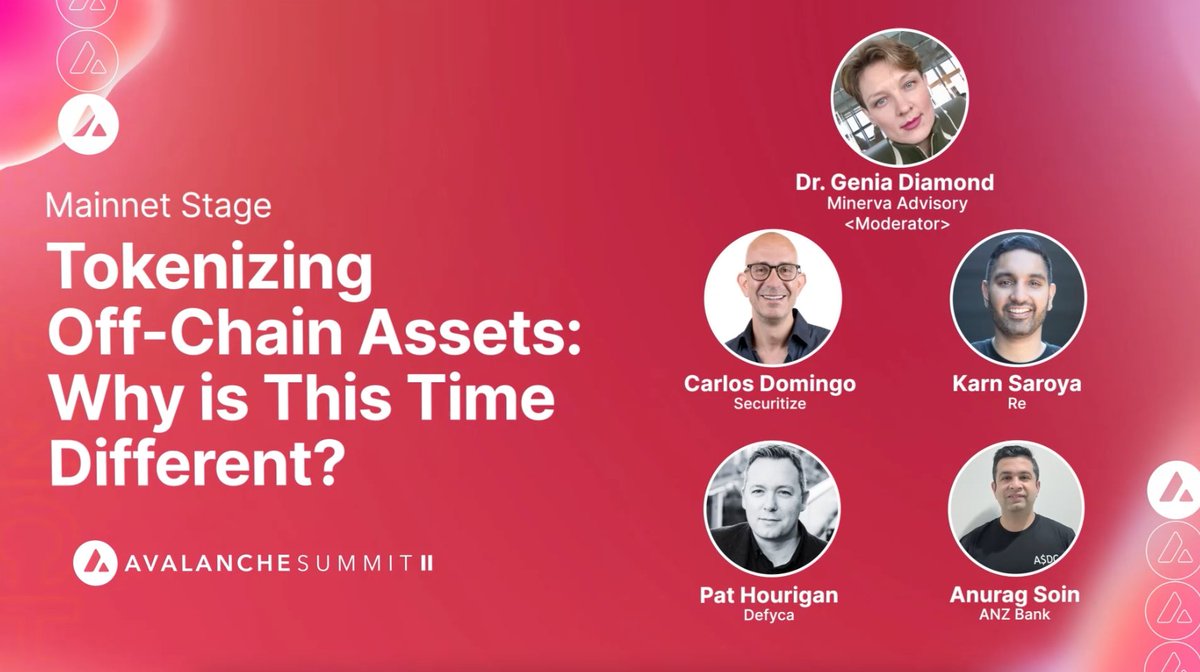 avax's tweet image. Asset tokenization is going to be a key driver of crypto adoption in the future—and now, advances in regulation and technology are making its potential a reality. 

Watch Dr. Genia Diamond, @carlosdomingo, @karnsaroya, Pat Hourigan &amp;amp; Anurag Soin discuss: youtu.be/hMx5OG3zUzo