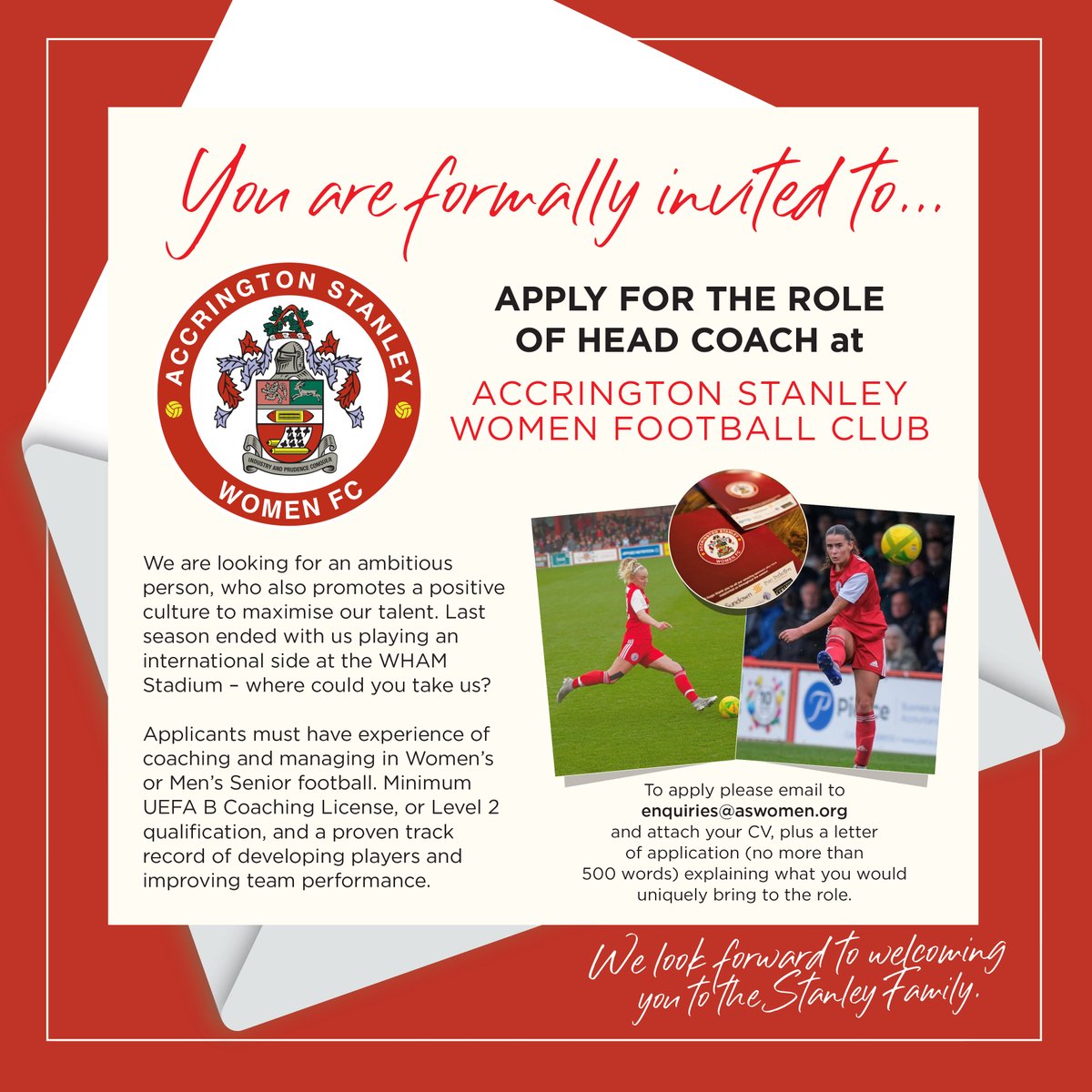 Accrington Stanley Women (@aswfcofficial) on Twitter photo Could you take Accrington Stanley Women to the next level?
🚨 APPLY NOW!! 🚨
We have international players, a very talented squad, and a superb pipeline of players coming up through the age groups.
Where could your ambition and drive take us?
<a href="/SundownSolLtd/">Sundown Solutions Ltd</a> Could you take Accrington Stanley Women to the next level?
🚨 APPLY NOW!! 🚨
We have international players, a very talented squad, and a superb pipeline of players coming up through the age groups.
Where could your ambition and drive take us?
<a href="/SundownSolLtd/">Sundown Solutions Ltd</a>