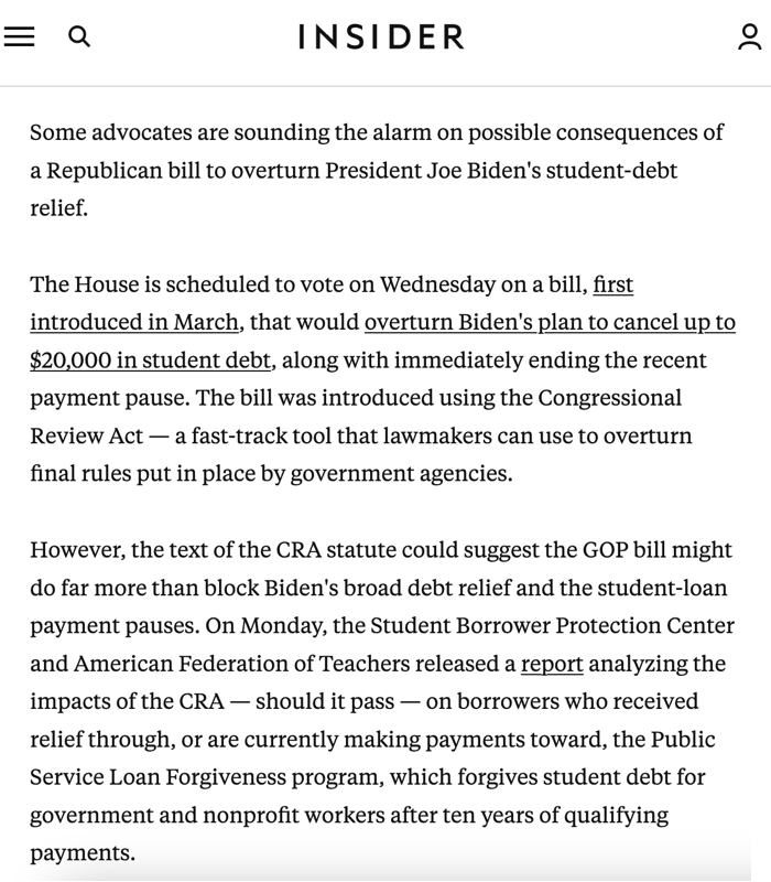 BorrowerJustice's tweet photo. The Republican CRA scheme to overturn @POTUS's student debt relief will mean millions of borrowers who received relief through Public Service Loan Forgiveness during the payment pauses risk having their loans reinstated.

https://t.co/3d3NJc2vtb https://t.co/Flah9kH5g2