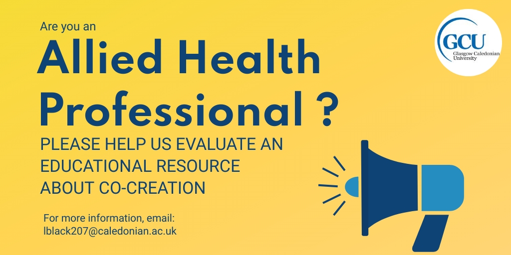 AHPs, we need you! Please evaluate a new website designed to help you learn about co-creation. Your participation contributes towards a research project at GCU. Survey link: forms.office.com/e/mbp9fSd5Nf #cocreation #healthinterventions #research #knowledgemobilisation