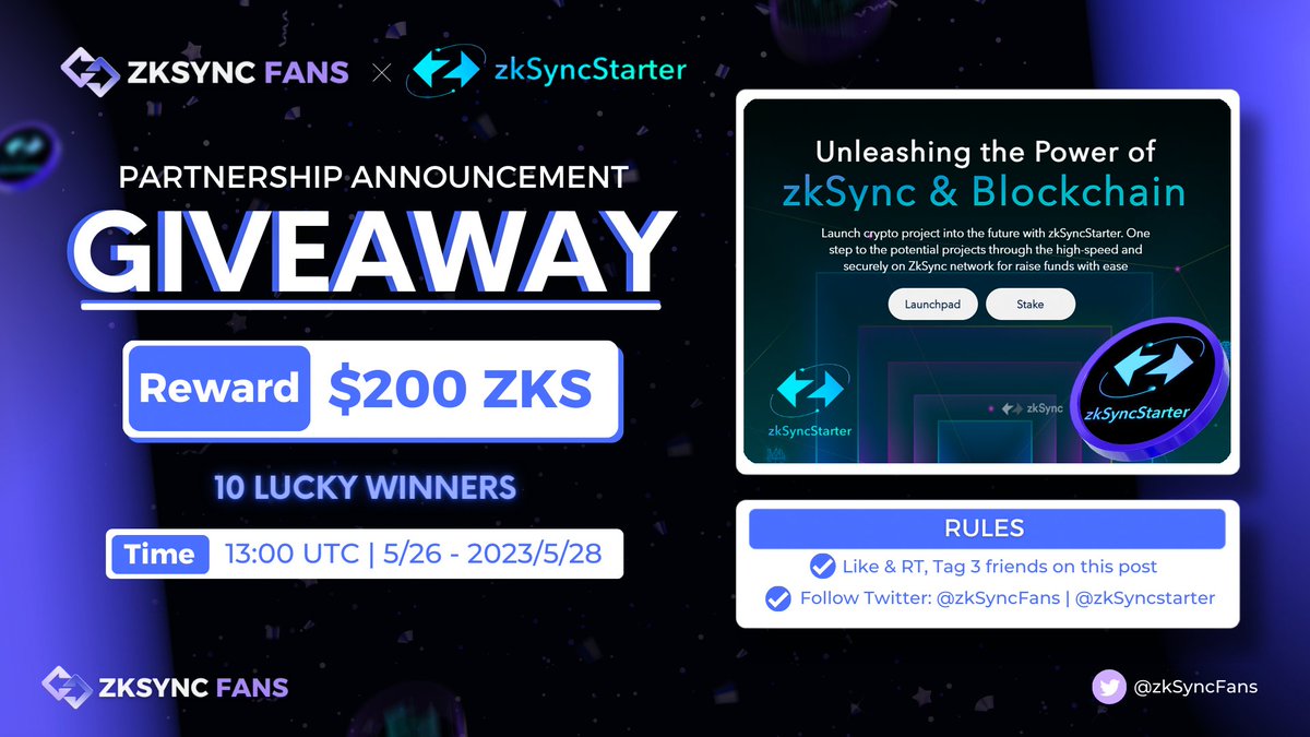 ZKsync Fans (β, β) (@zksyncfans) on Twitter photo π We are excited to host #giveaway with <a href="/zkSyncstarter/">zkSync Starter β| Private Sale 16 June |</a> π
π Prize: $200 ZKS for 10 Lucky winners
β
Rules:
1β£ Follow <a href="/zkSyncFans/">ZKsync Fans (β, β)</a> and <a href="/zkSyncstarter/">zkSync Starter β| Private Sale 16 June |</a>
2β£Like + RT + Tag 3 Friends on this post
β° 13:00 UTC | 05/26/2023 - 05/28/2023
#zkSync #zkSyncFans #zkSyncStarter π We are excited to host #giveaway with <a href="/zkSyncstarter/">zkSync Starter β| Private Sale 16 June |</a> π
π Prize: $200 ZKS for 10 Lucky winners
β
Rules:
1β£ Follow <a href="/zkSyncFans/">ZKsync Fans (β, β)</a> and <a href="/zkSyncstarter/">zkSync Starter β| Private Sale 16 June |</a>
2β£Like + RT + Tag 3 Friends on this post
β° 13:00 UTC | 05/26/2023 - 05/28/2023
#zkSync #zkSyncFans #zkSyncStarter
