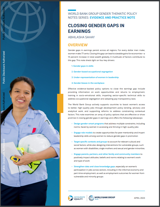 Gender gaps in earnings persist across all regions. For every dollar men make, women make 77 cents. 

What are some effective evidence-backed policy options to close this earnings gap?  #AccelerateEquality #GenderPayGap
wrld.bg/K48V50Opt1k  @SahayAbhilasha