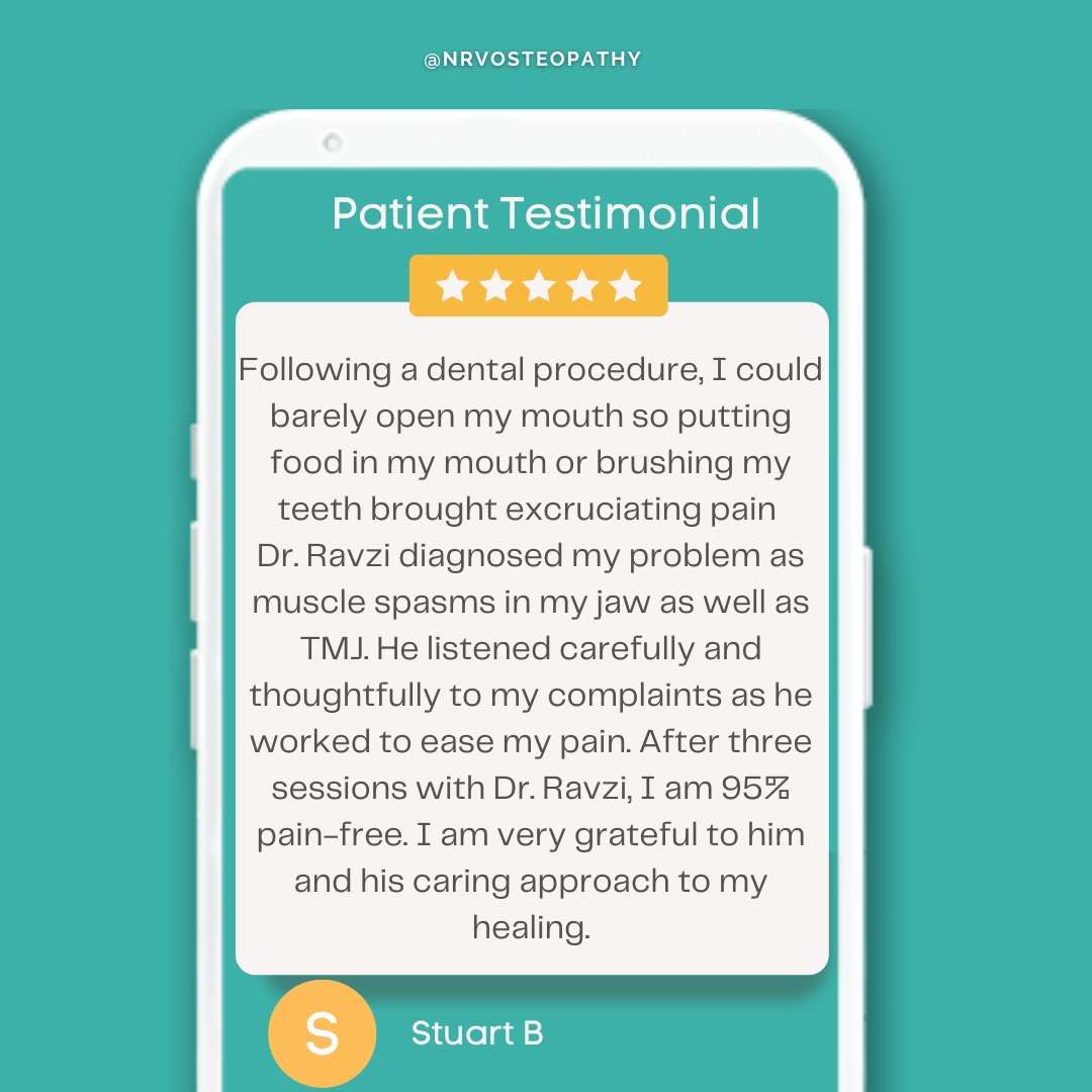 NRVOsteopathy's tweet photo. Big thanks to Stuart for sharing his positive experience with our osteopathy treatments for TMJ pain! 🙌 Book a consultation with us today &amp; take the first step towards feeling better! #TMJpain #jawpain #painrelief #chronicpain #osteopathy  #chiropractic #recovery #health https://t.co/lczaBH57bu