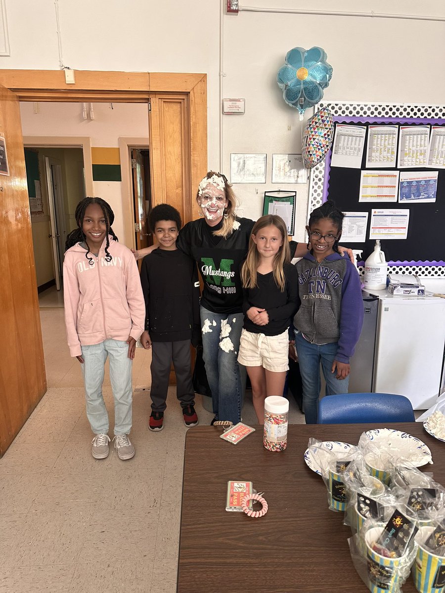 It was pie the principal day! @MustangCarter was pied by these awesome students for their hard work on the EOGs! #LHESMustangs #Pied #LastDayFun