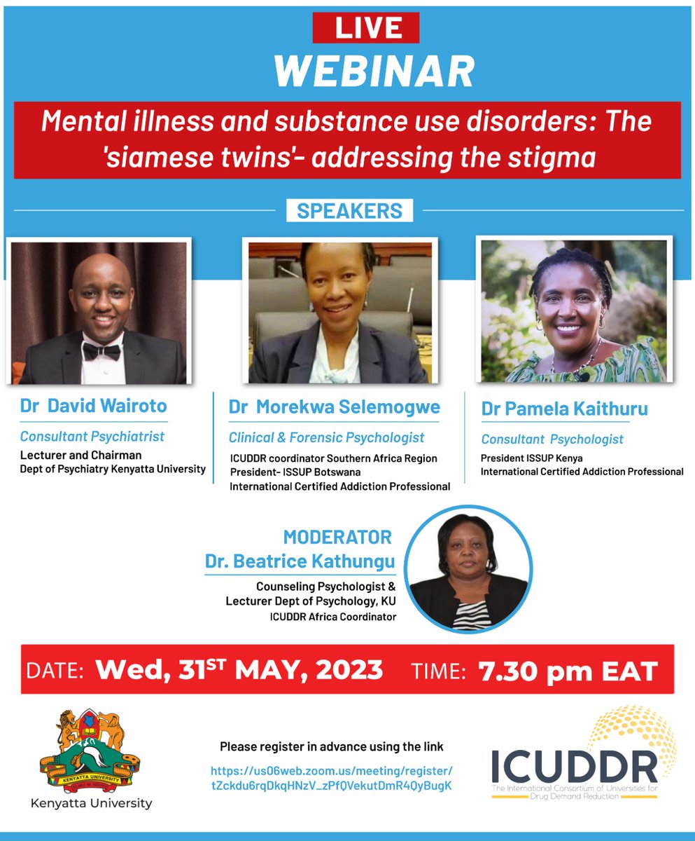 Webinar: Mental illness and Substance use disorders: The 'siamese twins'- addressing the Stigma to Register Click here: buff.ly/3WQl1zr