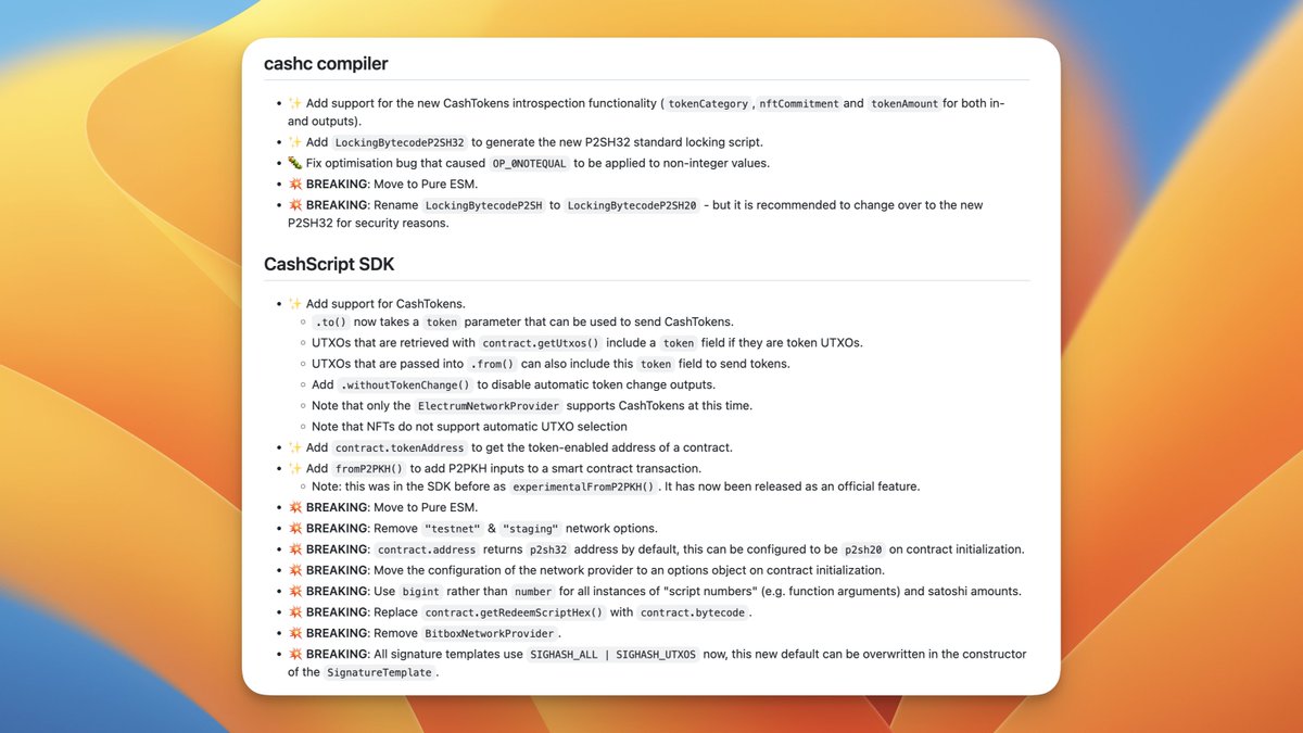 CashScriptBCH's tweet image. #CashScript v0.8.0 has been released! What's new?
BCH just upgraded to add CashTokens, a system for native tokens and NFTs on BCH. CashScript v0.8.0 supports this upgrade.
✨ CashTokens Support
✨ SIGHASH_UTXOS & P2SH32
✨ fromP2PKH()
💥 Move to Pure ESM
🐛 Small bug fixes