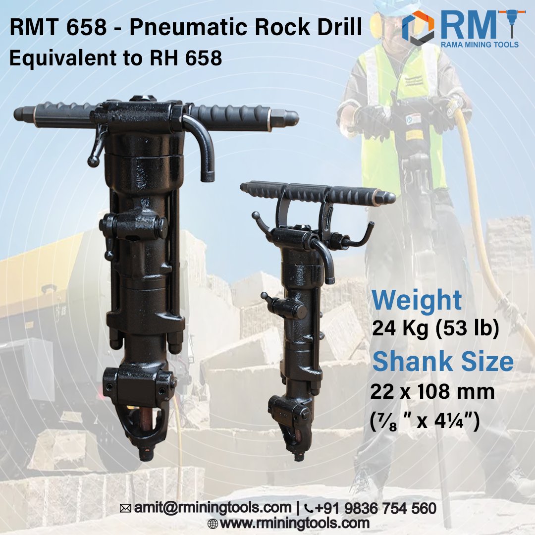 RMT 658 is the most popular handheld rock drill (Jack Hammer), globally.

#constructiontools #sinkerdrill #drillngtools #powertools #chisel #pneumatictools #drilling #safetyfirst #drill #coalmining #pneumatictools #pneumaticpower #Lubricator #Parts #Spare #rh658 #rmt658