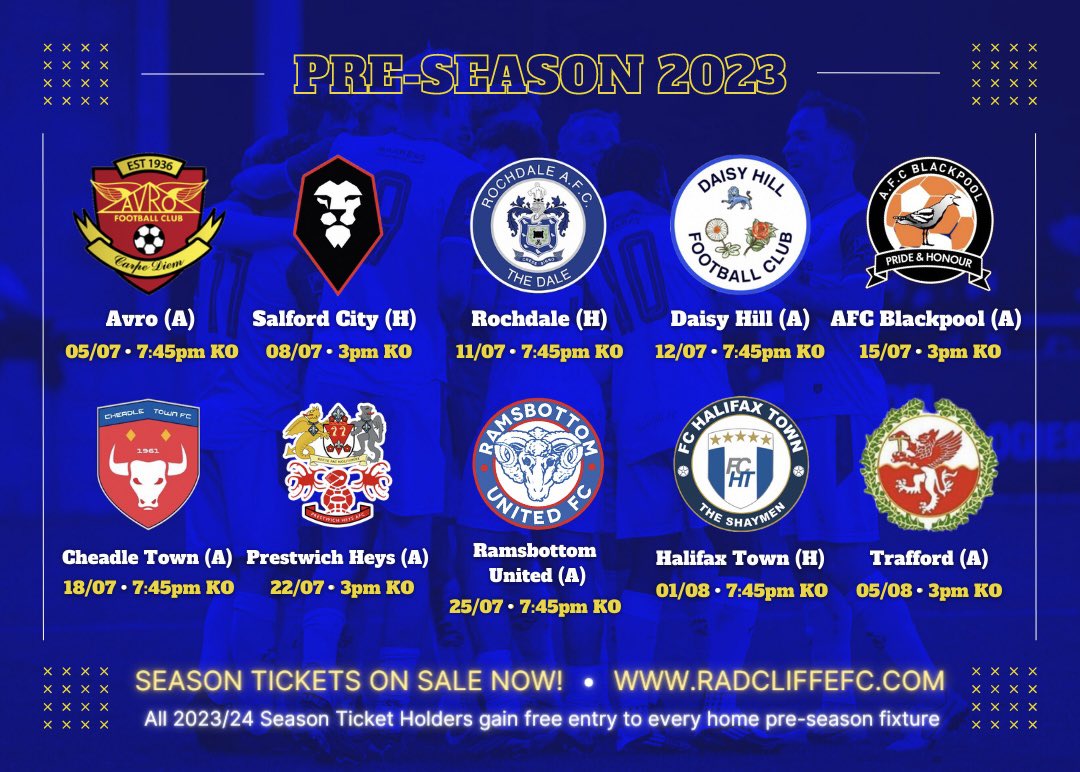 𝗣𝗿𝗲-𝗦𝗲𝗮𝘀𝗼𝗻 𝗦𝗰𝗵𝗲𝗱𝘂𝗹𝗲: 𝗖𝗢𝗡𝗙𝗜𝗥𝗠𝗘𝗗 ✅

📆 Here’s who we’ll be facing in our 2023 pre-season fixtures, with another still to be announced in due course ⬇️

#WeAreRadcliffe #UTB