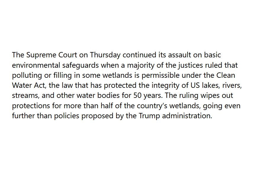 Absolutely devastating ruling by the far-right majority on the Supreme Court. This will haunt our lives, the lives of our children and grandchildren. The level of depravity and duplicity shown by MAGA judges is simply astonishing. 

💔🇺🇸🌍

#CleanWaterAct 

📷 @SierraClub