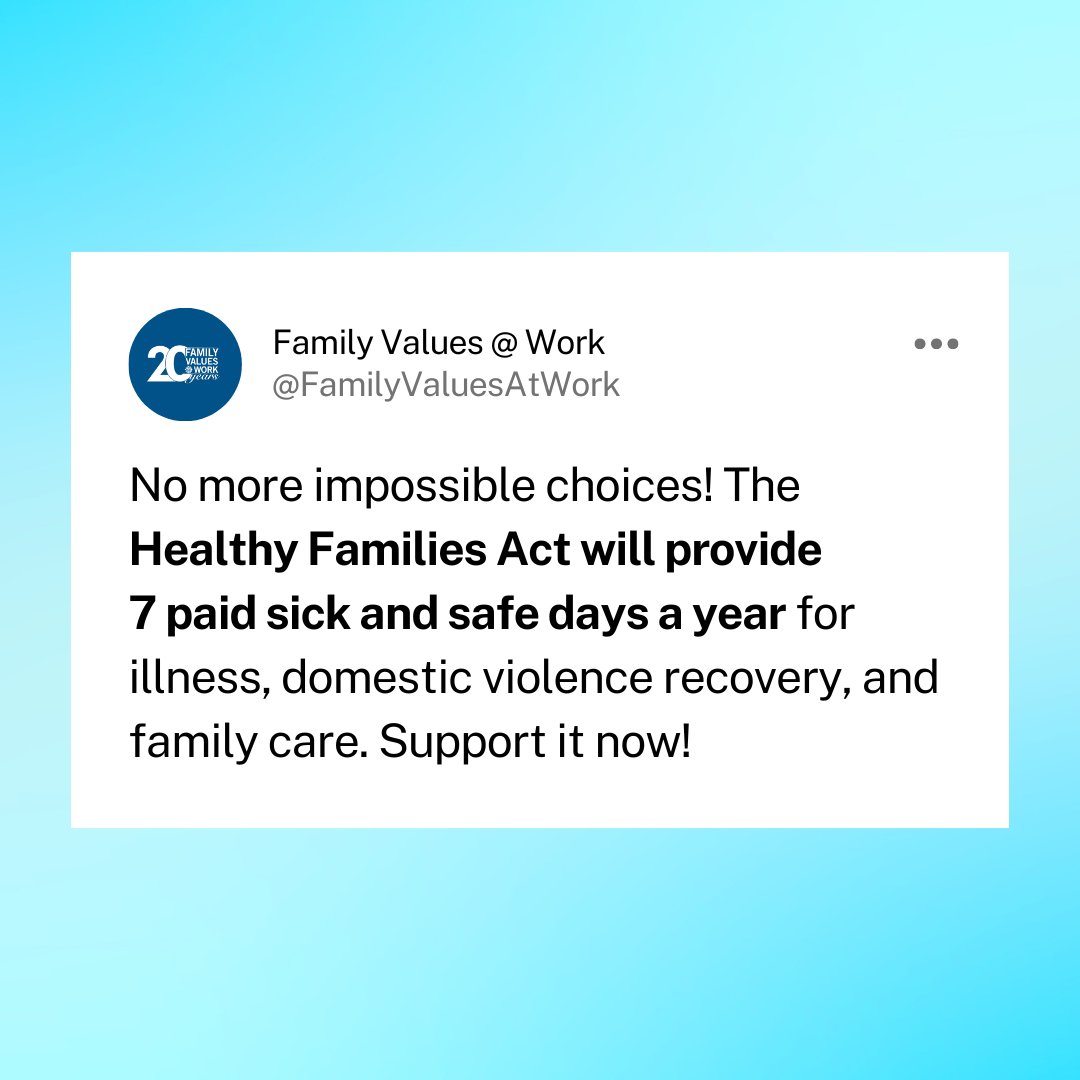 📣 Time to take action! Support the #HealthyFamiliesAct and help guarantee #PaidSickDays for all workers. Tell your Congressperson to co-sponsor this bill: buff.ly/3ovMmKd 🖊️ 

#FamilyAct #PaidLeave #PaidLeaveForAll #HealthyFamiliesAct 

@FmlyValuesWork