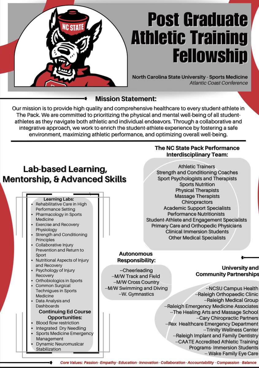 <a href="/NCSU_SportsMed/">NCSU Sports Medicine</a> will be welcoming it’s first class of Athletic Training Fellows this summer! If interested, please contact me at dbellam2@ncsu.edu