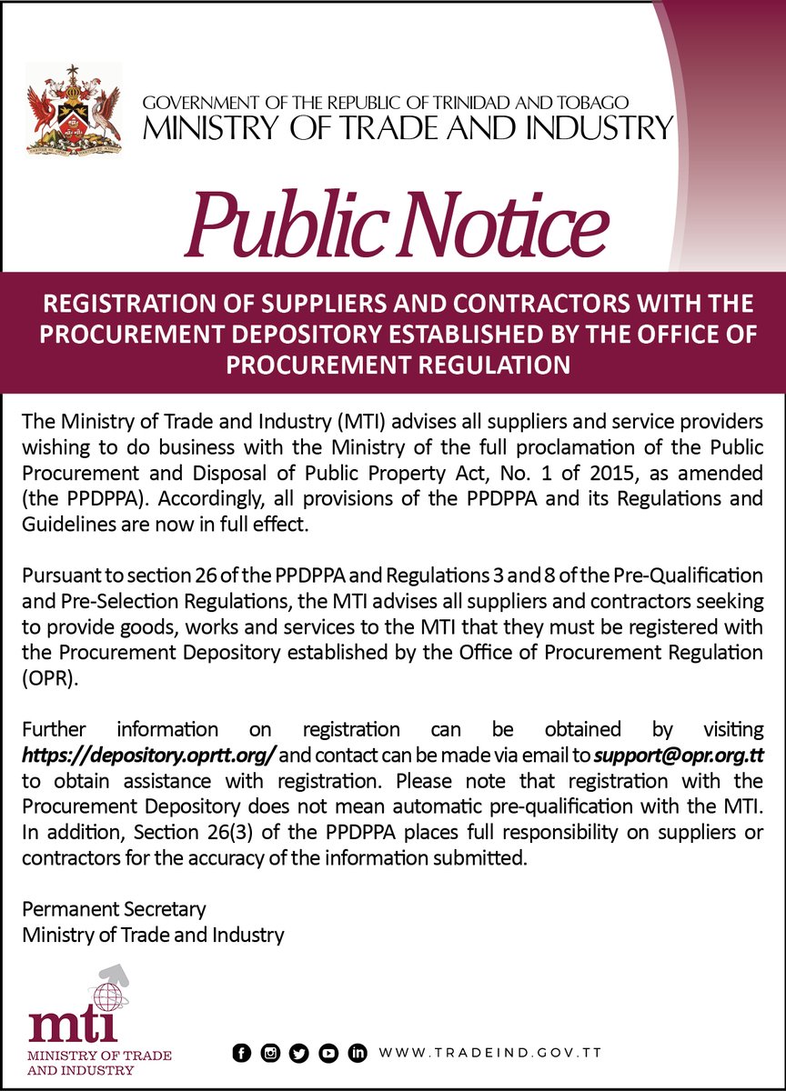 #PublicNotice Registration of Suppliers and Contractors with the Procurement Depository established by the Office of Procurement Regulation.