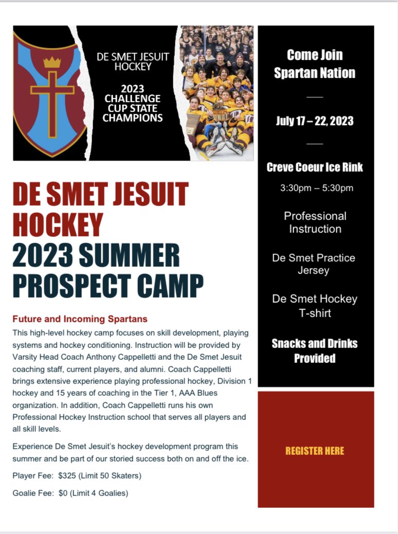 The De Smet Hockey Summer Prospect Camp is filling up fast, but there is still time to join Spartan Nation. Camp will be held July 17-22 from 3:30-5:30pm each day. Please see attached flyer and link below to register. docs.google.com/forms/d/e/1FAI…