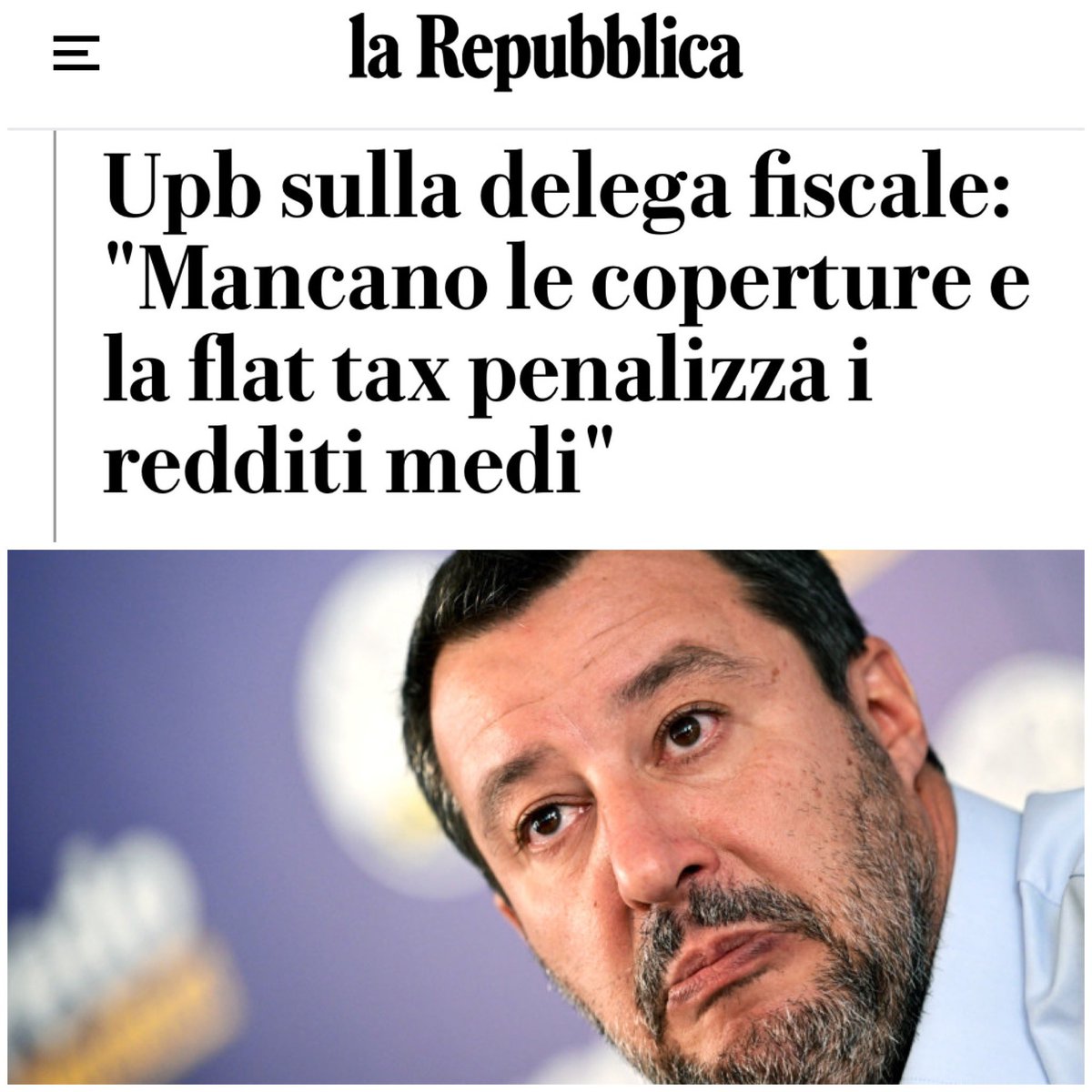 JacopoDelTaglia's tweet photo. Dopo Banca d’Italia anche l’Ufficio parlamentare di bilancio boccia la flat tax. Non che ci volesse un genio per capire che non è normale far pagare a un povero e a un ricco la stessa aliquota..
#Salvini #Flattax #meloni #bancaitalia #26maggio #flatax https://t.co/UNqdDQMhVs