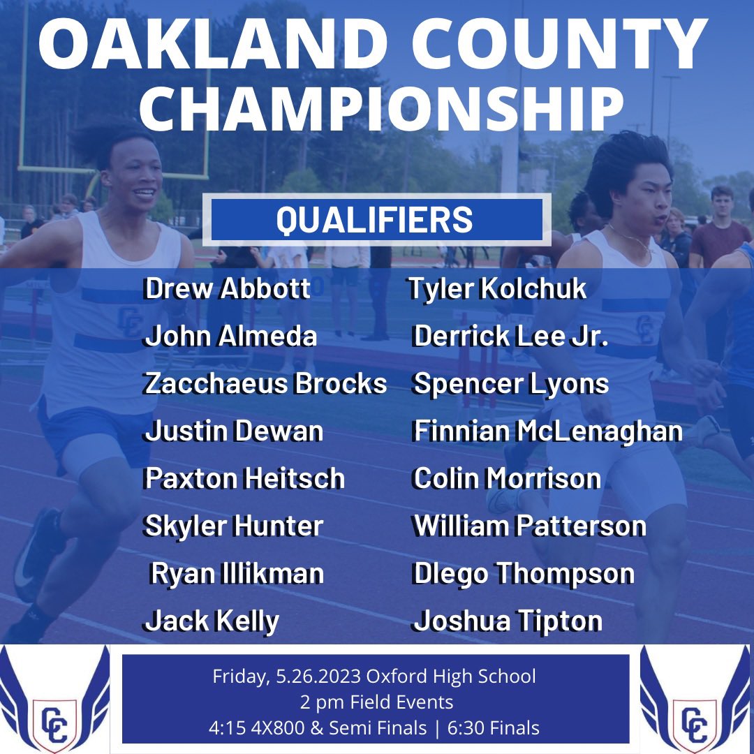 Congratulations to our 16 Athletes who qualified to compete today, May 26, at the Oakland County Championship. Oxford High School. 
Tickets $6 at gofan.co/app/events/985… 
Live results at live.fstiming.com/meets/25877?fb… 
#WEARECC