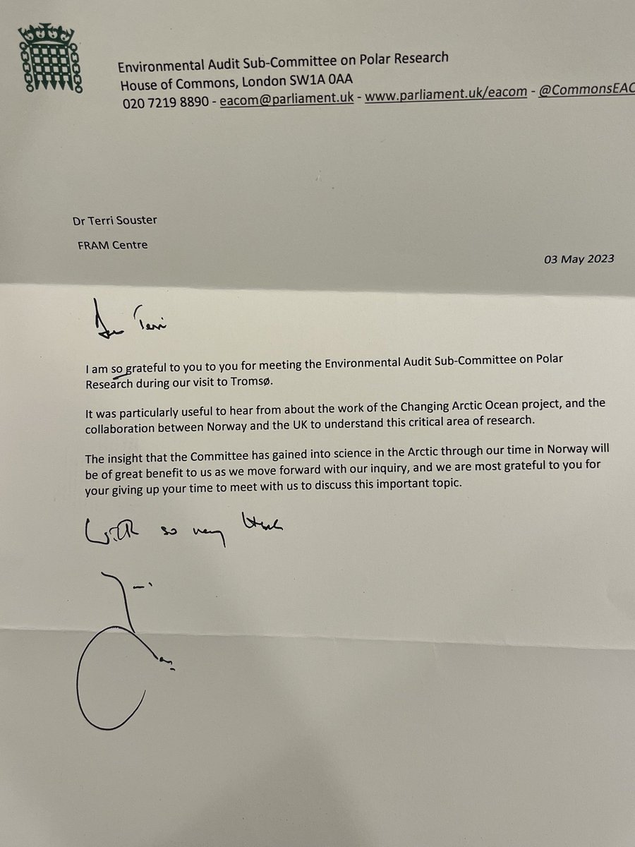Terri Souster (@polar_biology) on Twitter photo Got an opportunity to speak to the Polar environmental audit committee to the UK committees.parliament.uk/committee/650/… government about the need for research in the Arctic and collaborations with Norway. Today I was touched to receive a thank you note from the House of Commons <a href="/AnnaMcMorrin/">Anna McMorrin MP 🏴🏳️🌈</a> Got an opportunity to speak to the Polar environmental audit committee to the UK committees.parliament.uk/committee/650/… government about the need for research in the Arctic and collaborations with Norway. Today I was touched to receive a thank you note from the House of Commons <a href="/AnnaMcMorrin/">Anna McMorrin MP 🏴🏳️🌈</a>