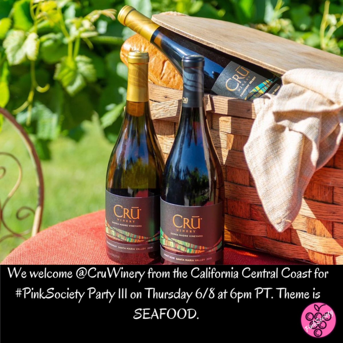 We welcome @CruWinery from the California Central Coast for #PinkSociety Party 111 on Thursday 6/8 at 6pm PT. Theme is SEAFOOD. @boozychef @jflorez @winedivaa @WineCheeseFri @RedWineCats @WineOnTheDime @G12Rocco @SustainableKW @DivaVinophile @amy_oosterhouse