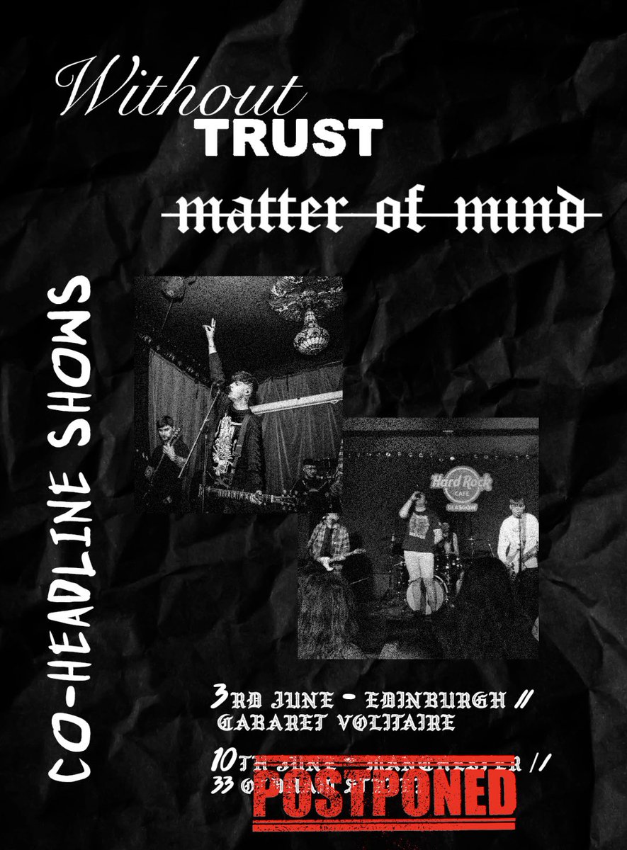 Unfortunately, we have had to postpone our Manchester date from the shows with our good friends @withouttrustband. Edinburgh is of course still going ahead and we will see you there!
Tix for the Manchester show will either be fully refunded, or honoured for the rescheduled show