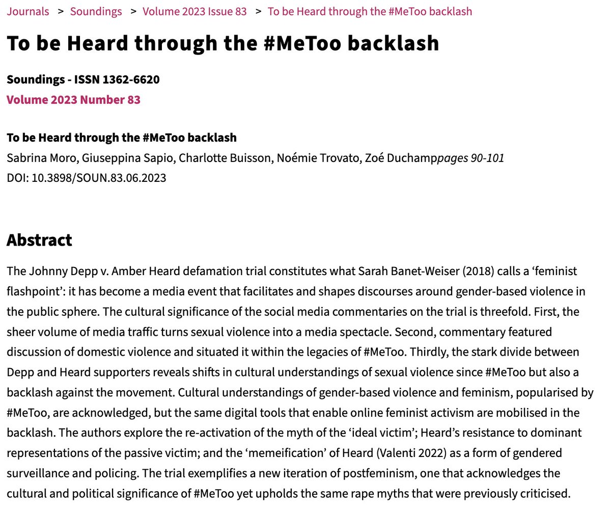 L'affaire Depp-Heard travaillée par des collègues scientifiques : son caractère spectaculaire, filiale (avec #MeToo), la méméification des femmes pour les discriditer, etc. 

👉journals.lwbooks.co.uk/soundings/vol-…

Merci <a href="/SabrinaMoroPhD/">Dr Sabrina Moro is leaving X, please email</a> <a href="/giu_sapio/">Giuseppina Sapio</a> @Charlottebsn <a href="/nomirazowski/">gouinette parle trop</a> Zoé Duchamp