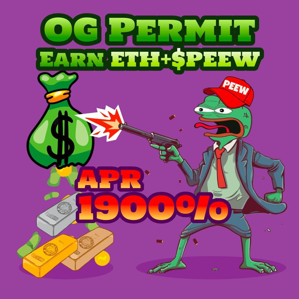 To celebrate our great success in community growth. $PEEW’s OG Permit is available to purchase for the first 500 participants. Earn ETH + $PEEW at 1900% APR for 180 days, with all rewards claimable at any moment. Come take a look!

Buy OG Perimit: peew.vip/ogpermit

#PePe