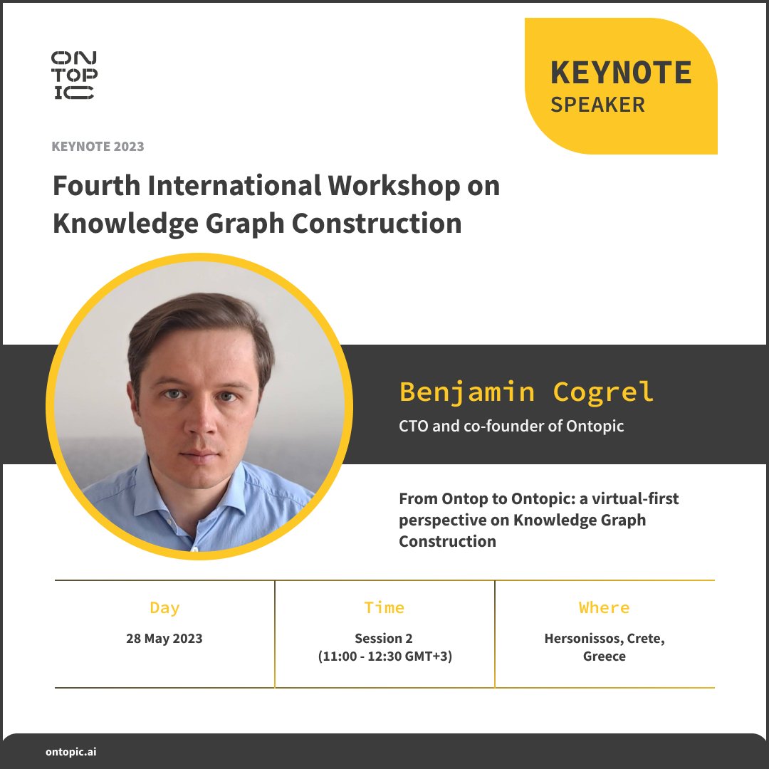 ontopic (@ontopicvkg) on Twitter photo Mappings, a functional descriptions how to build a Knowledge Graph from a data source, are central to Ontopic's approach to maintainable #knowldege_graph construction.
<a href="/bcogrel/">Benjamin Cogrel</a> will describe our approach in more detail and how it will evolve at <a href="/kgc_workshop/">KGC Workshop (Inactive account)</a> on Monday. Mappings, a functional descriptions how to build a Knowledge Graph from a data source, are central to Ontopic's approach to maintainable #knowldege_graph construction.
<a href="/bcogrel/">Benjamin Cogrel</a> will describe our approach in more detail and how it will evolve at <a href="/kgc_workshop/">KGC Workshop (Inactive account)</a> on Monday.