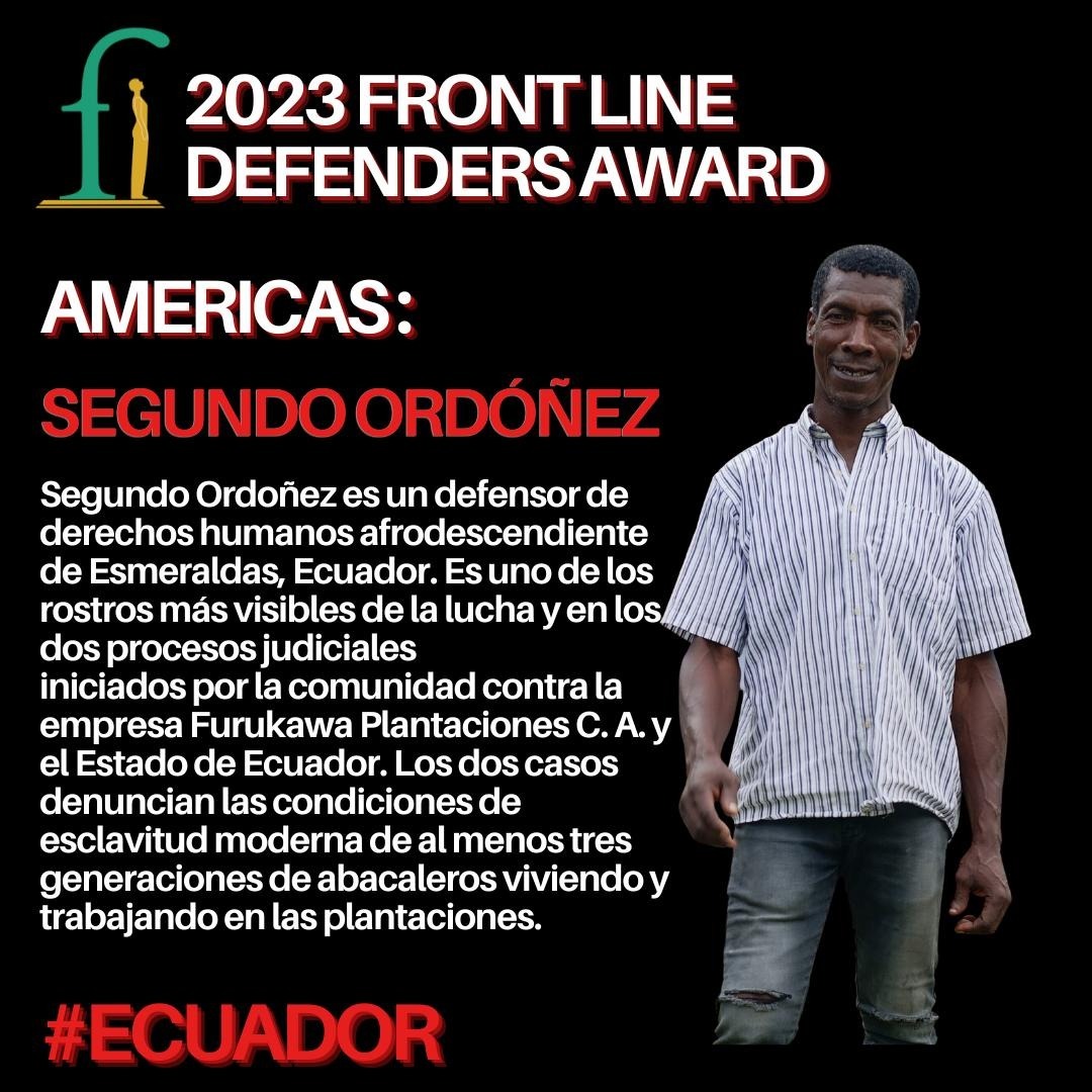 Segundo Ordoñez, defensor afrodescendiente de derechos humanos de Ecuador, es el ganador de las Américas del Premio FLD 23! 
Nos sumamos a las y los abacaleros de Esmeraldas para exigir #JusticiaYReparación al Estado Ecuatoriano y a la empresa Furukawa Plantaciones!
#FLDAward23