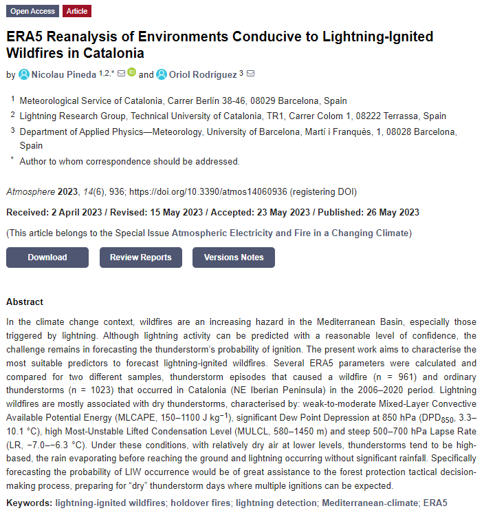 ⚡🔥 Avui ha sortit publicat l'article "ERA5 Reanalysis of Environments Conducive to Lightning-Ignited Wildfires in Catalonia" a la revista "Atmosphere". L'estudi ha estat liderat per en <a href="/NicolauPineda/">Nicolau Pineda</a> (<a href="/meteocat/">Meteocat</a>).

mdpi.com/2073-4433/14/6…