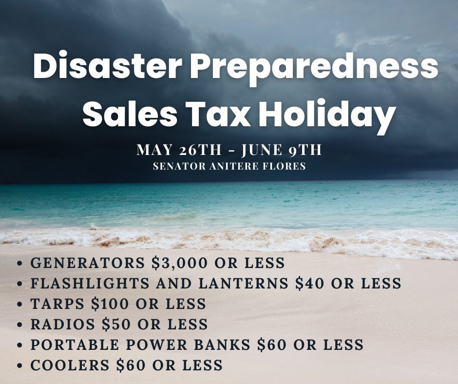 anitere_flores's tweet photo. Florida's Disaster Preparedness Sales Tax Holiday begins today and runs through June 9th! Take advantage and stock up on essentials for Hurricane Season to ensure you and your family are prepared in case of emergency.

#senatoranitereflores #hurricanepreparedness #salestaxholiday https://t.co/LxUxvVhotN
