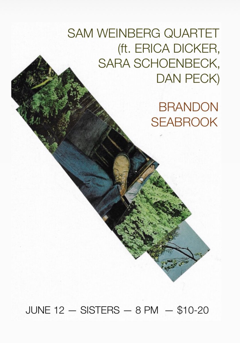 New quartet with Erica Dicker (violin), Sara Schoenbeck (bassoon), Dan Peck (tuba) premiering a new piece of mine on June 12 at Sisters! Brandon Seabrook will play a solo set to open the evening