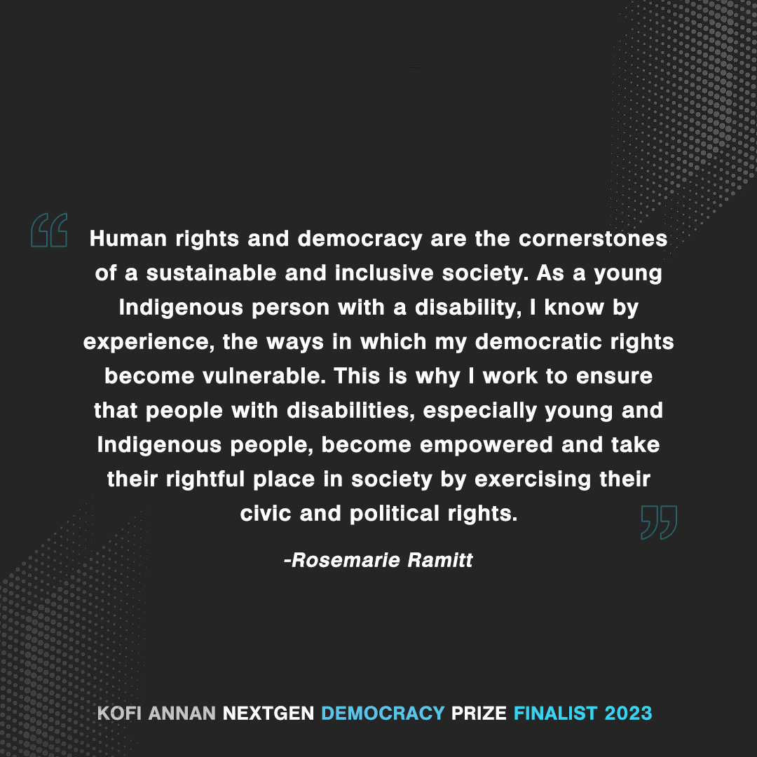 Congrats to Rosemarie Ramitt, a finalist for the @KofiAnnanFdn #NextGenDemocracyPrize

Rosemarie is a disability rights advocate from Guyana, fighting for equal access to voting and promoting inclusive #democracy.