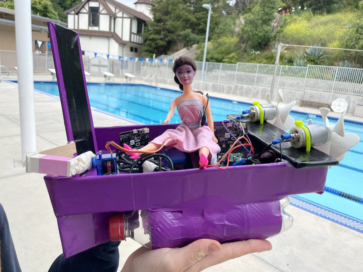 Barbie Dream Boat designed & built by 3 8th gr girls to detect & collect trash from the ocean. A fun project & they were a blast to mentor. They never gave up through each challenge met. #girlpower #makermindset #pbl #innovation #edtech #makered #girlscancode #diyboat #barbie