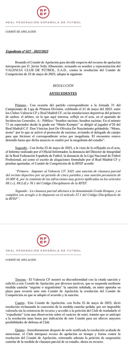 VCF_Blog's tweet photo. El Comité de Apelación estima parcialmente el recurso y rebaja la sanción:
• 3 partidos de cierre parcial grada animación
• Multa pecuniaria de 27.000€
No entrando, en esta resolución, en la solicitud de mediadas cautelares (inadmitidas ayer)
🔗 https://t.co/qEpLa6Vyar https://t.co/Qien1NtzPa