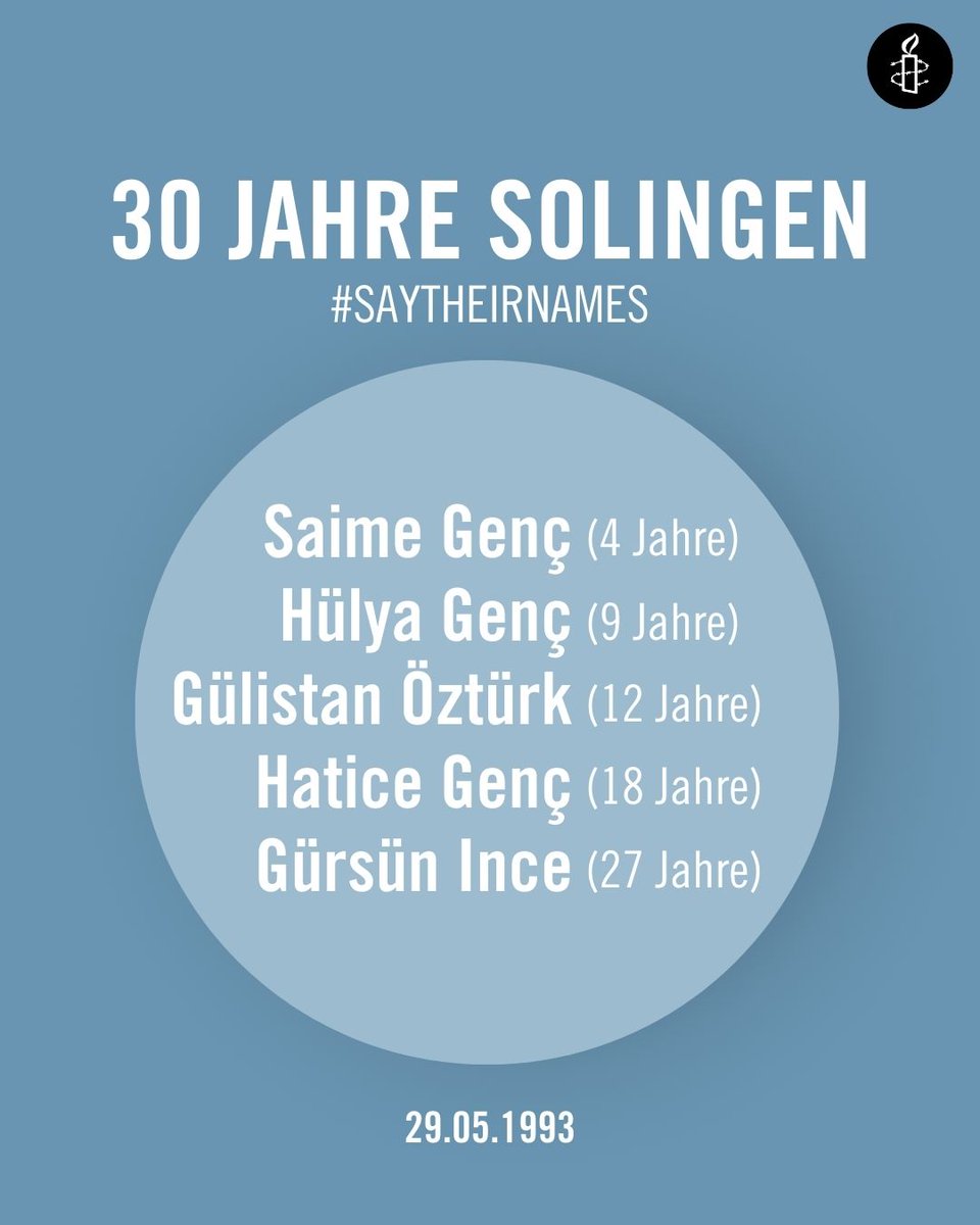 amnesty_de's tweet photo. #Solingen - Heute vor 30 Jahren wurden fünf Menschen bei einem Brandanschlag getötet, weil sie nicht in das rassistische Weltbild der Täter passten. Rassismus tötet, sowohl damals als auch heute! 

Wir gedenken: #SayTheirNames 

#Solingen1993
#KeinVergebenKeinVergessen https://t.co/lZR8ug8nmv