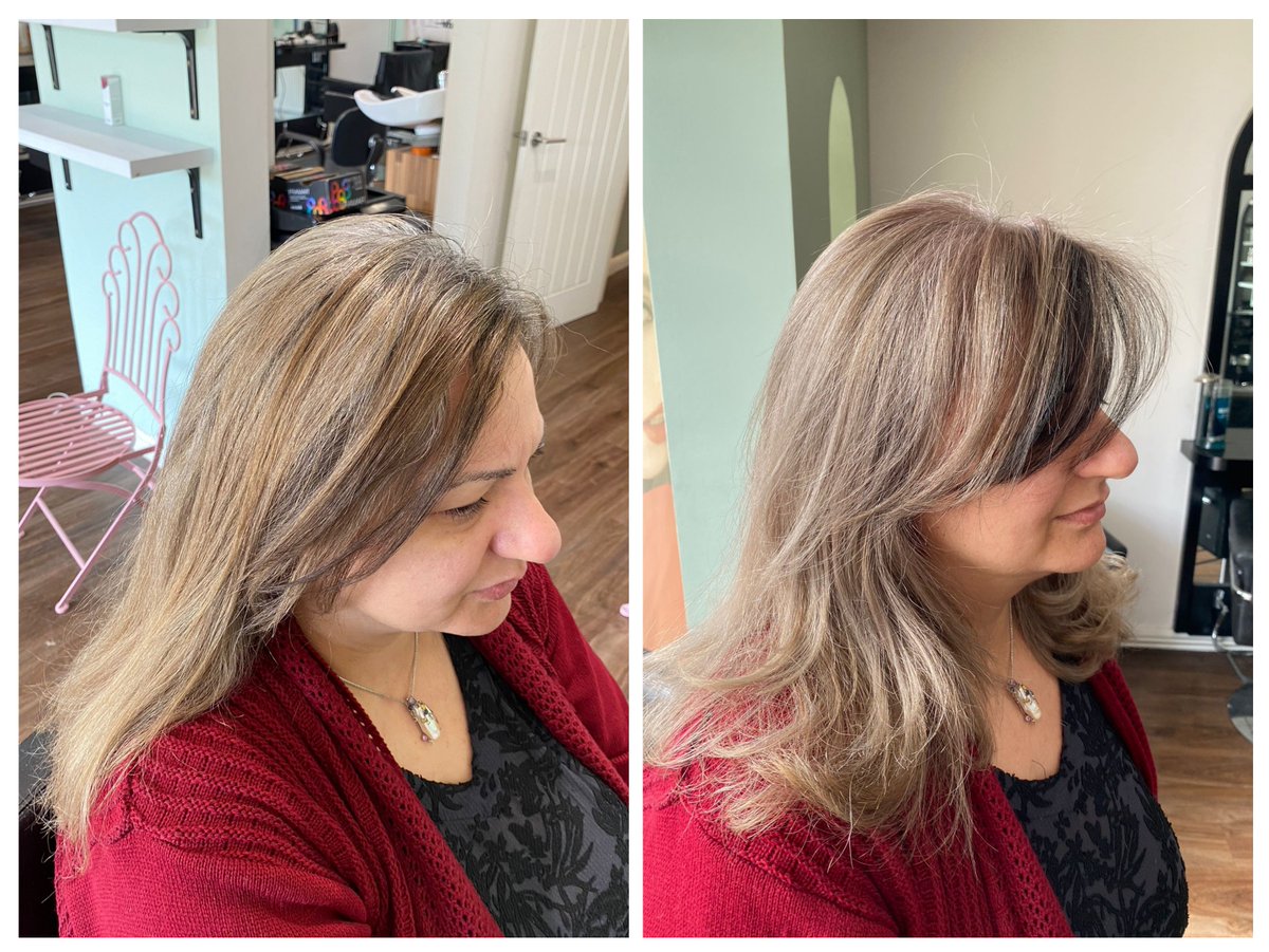 hairbyrheannon's tweet image. Before and after.  Highlights converted to a global colour with a reverse money piece. Ash, ash, ash is the way we want to go. #ashblonde #ash #moneypiece #behindthechair #hairdresser