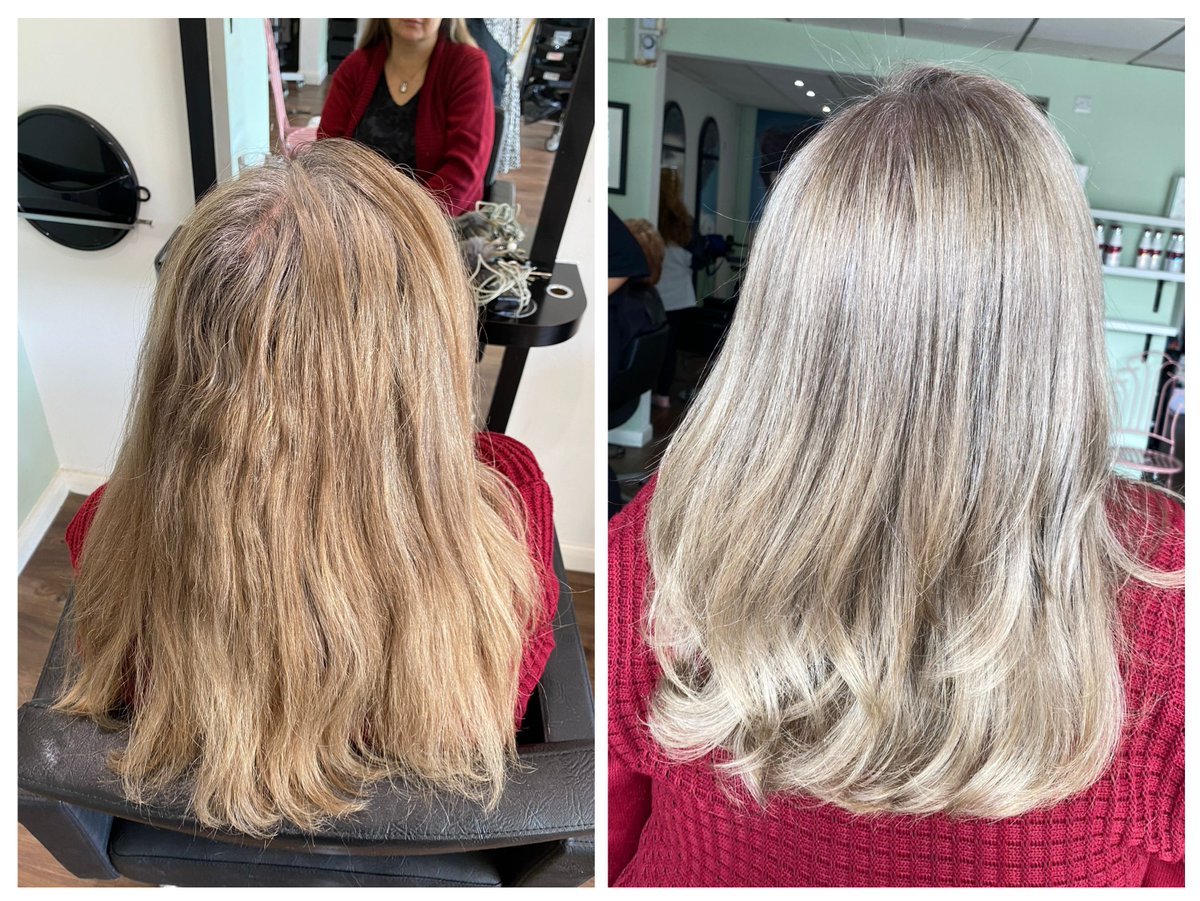 hairbyrheannon's tweet image. Before and after.  Highlights converted to a global colour with a reverse money piece. Ash, ash, ash is the way we want to go. #ashblonde #ash #moneypiece #behindthechair #hairdresser
