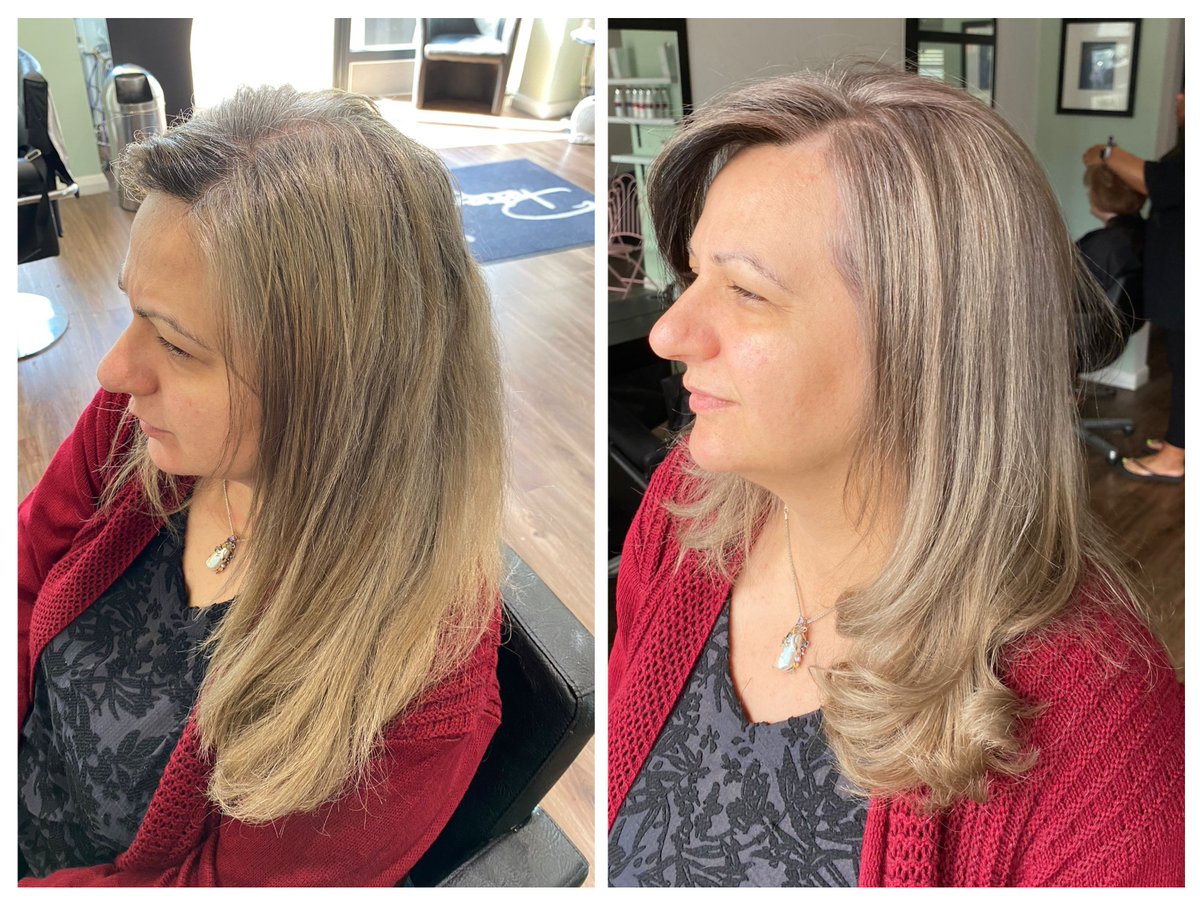 hairbyrheannon's tweet image. Before and after.  Highlights converted to a global colour with a reverse money piece. Ash, ash, ash is the way we want to go. #ashblonde #ash #moneypiece #behindthechair #hairdresser