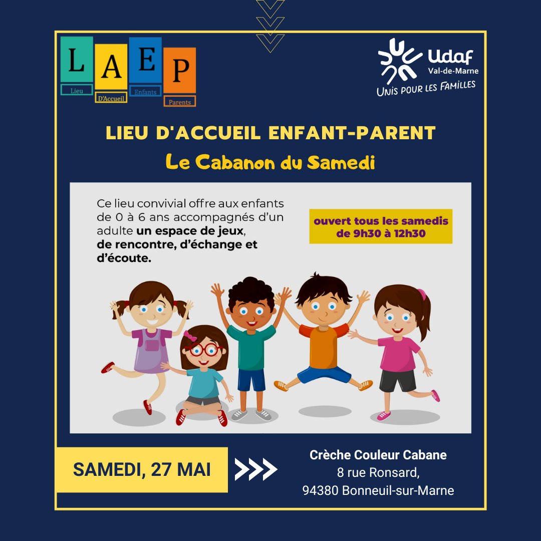 Venez profiter de notre espace d'accueil enfants-parents demain matin de 9h30 à 12h30 ! L'entrée est libre et gratuite, vous pouvez venir et partir à votre convenance.  Rejoignez-nous pour un moment convivial en famille ! #EspaceEnfantsParents #AccueilEnfants #udaf94
