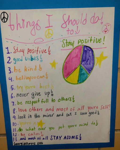 8-year-old Georgia has figured out a great plan! #7 is our favorite. :) How do YOU stay positive? #socialemotionallearning #emotionalintelligence respectfulways.com #HappyFriday #SEL