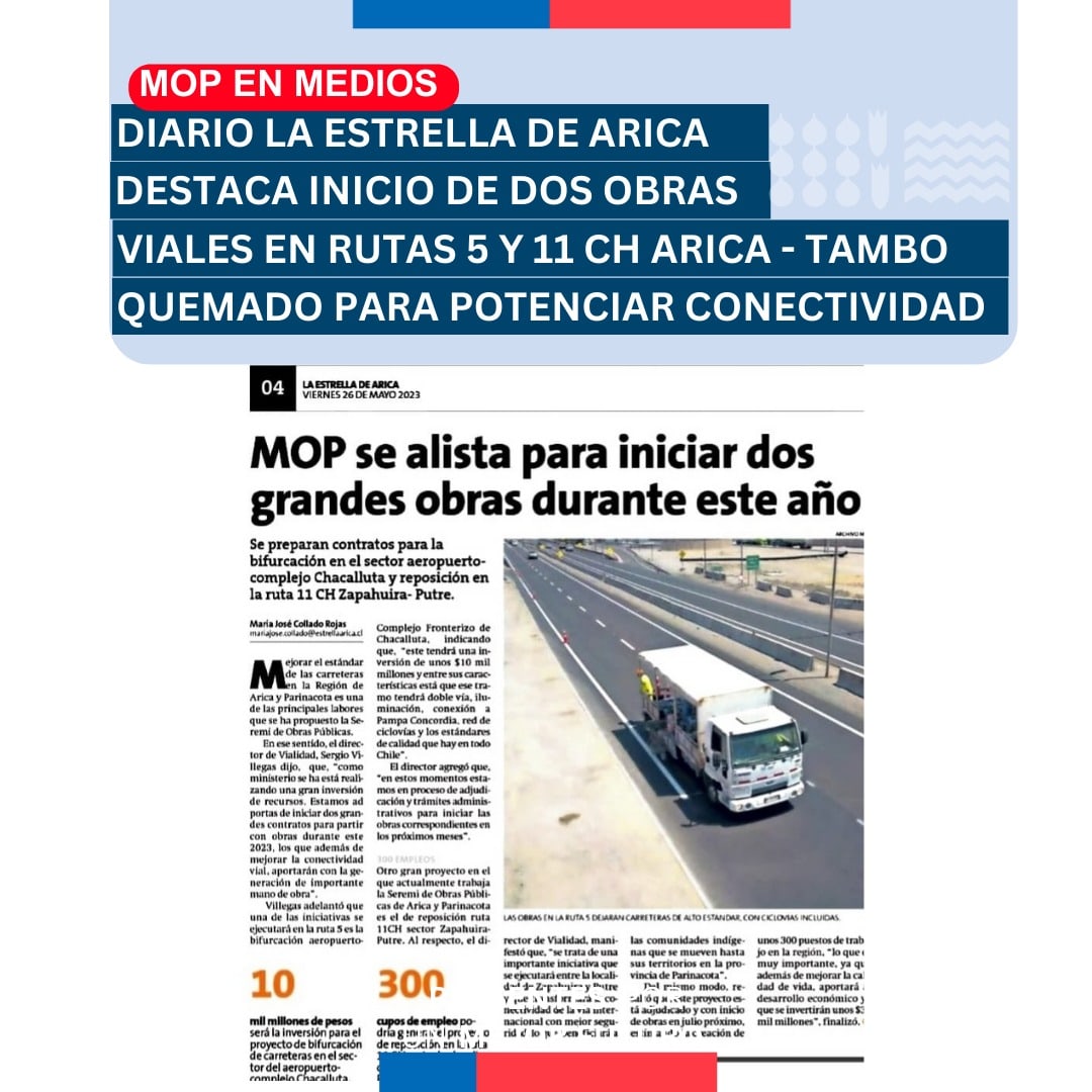 👉Good news 🗞#Seguimosavanzando y potenciando conectividad de #AricayParinacota diario <a href="/estrellaarica/">estrellaarica.cl</a> destaca en edición de hoy el inicio de dos grandes proyectos viales 🚧👷‍♂️👷‍♀️para rutas 5 y 11Ch Arica T. Quemado que generarán importante mano de obra. #presentesporunmejorfuturo
