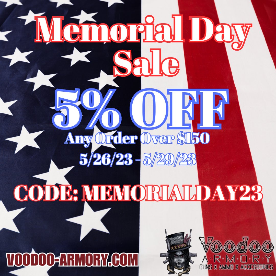Memorial Day Sale starts today 

Head over to voodoo-armory.com to check it out 

#gunlifestyle #pewpewlifestyle #glocklife #ar15life #gunsdaily #2amendment #voodooarmory #gunstore #mississippi