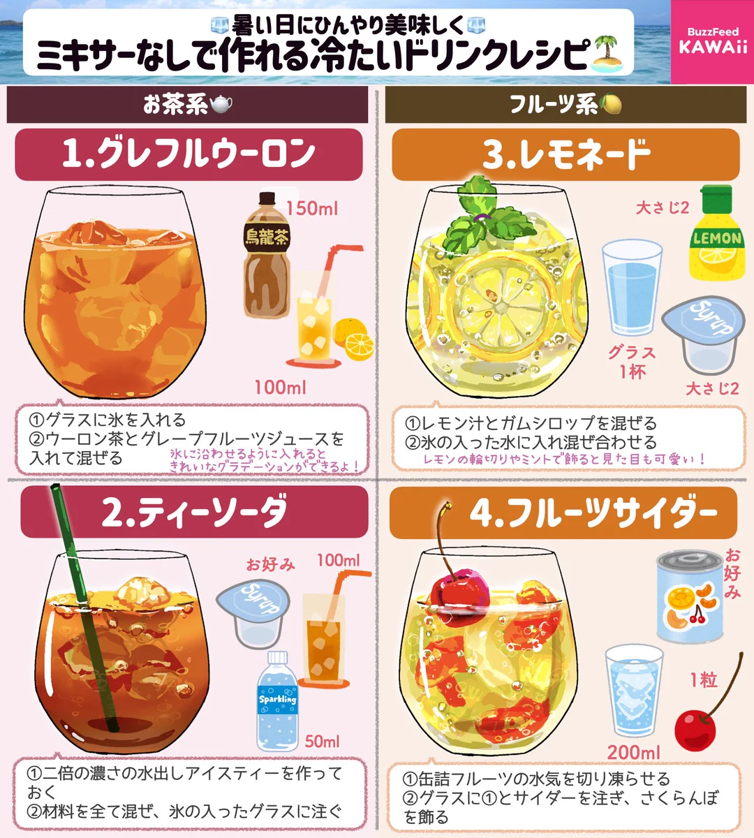 ミキサーなしで簡単おいしい！暑い日に飲みたい、冷たいドリンクレシピ！